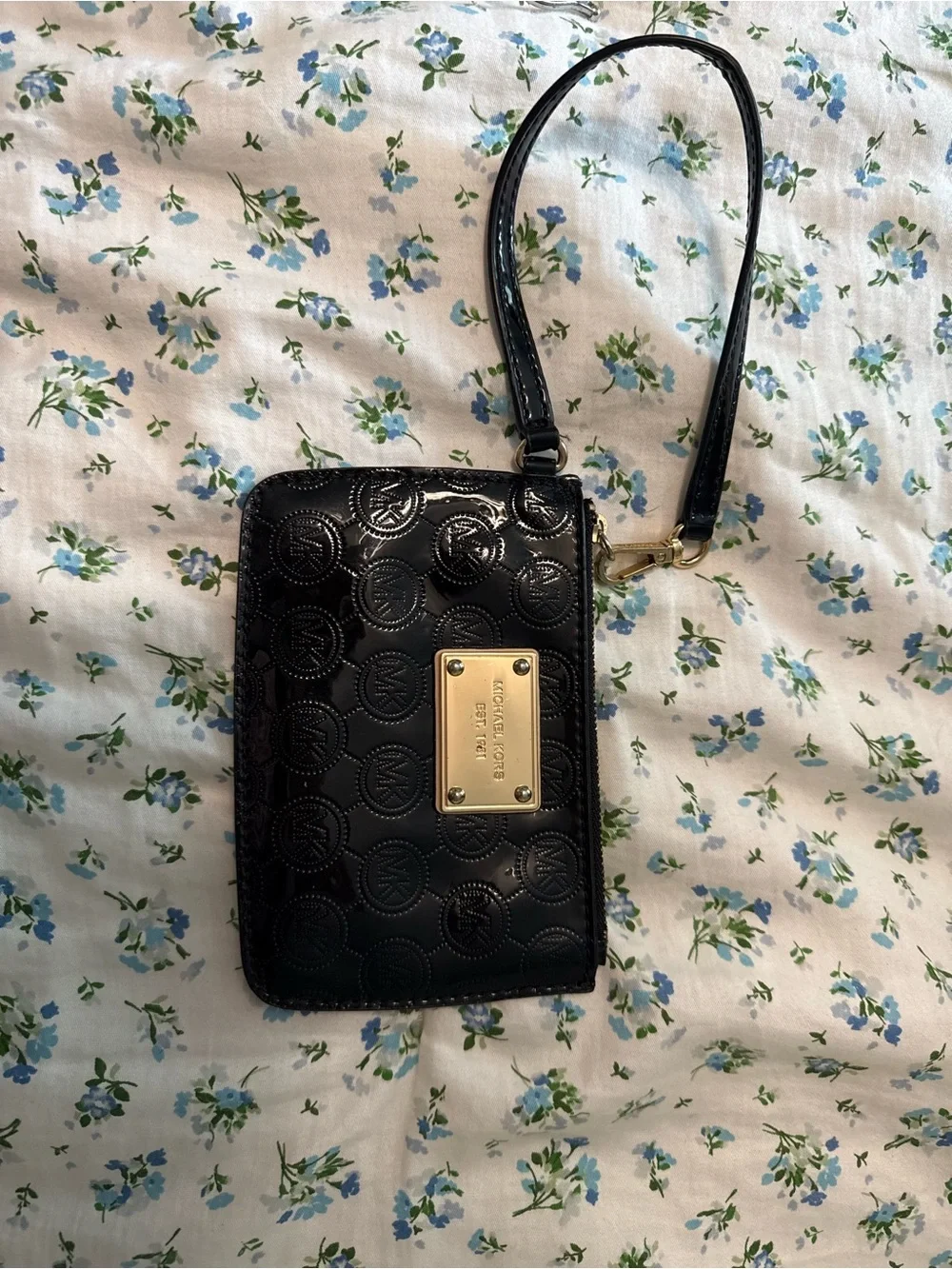 Michael Kors Black Patent Logo Wristlet with Gold Plaque